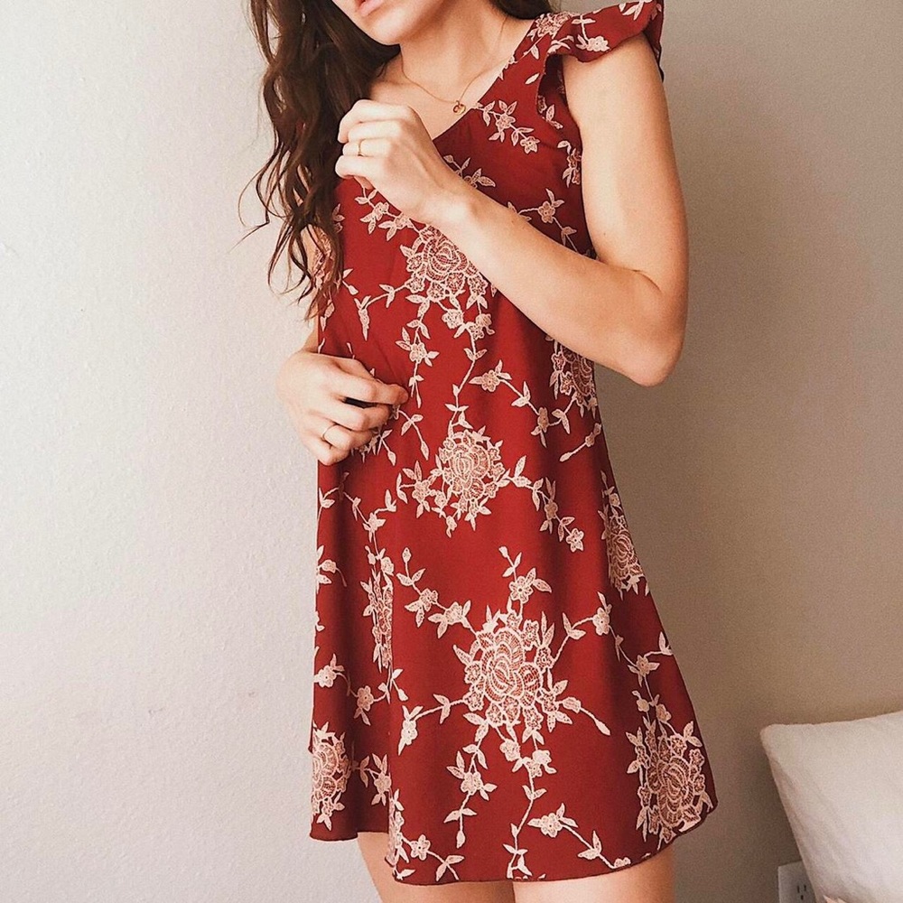 Vintage Red Floral Mini Dress in Deep Burgundy - Picture 3 of 4